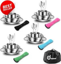 29PC Stainless Steel Camping Utensil Set Plates Bowls Cups Flatware Kit - US