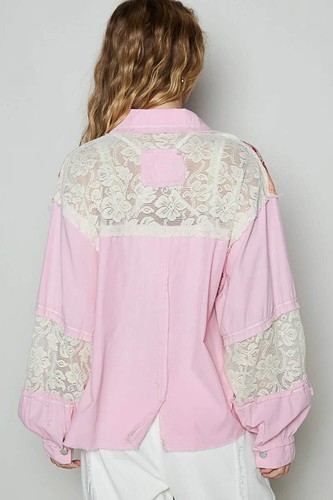 POL Floral y Encaje Patchwork Tejido Algodón Abotonado Camisa Chaqueta en Rosa Multi - Imagen 3 de 4