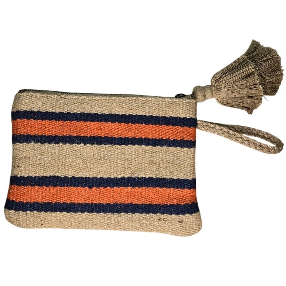 NUEVO SIN ETIQUETAS J. JILL Yute Marrón Azul Marino Naranja Rayas Muñequera Borla Costera Playa Foto 2 de 4