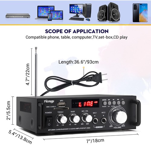 Amplificador de Audio Estéreo 298A Max 300Wx2 Inalámbrico Bluetooth 5.0, Potencia RMS 40Wx2... - Imagen 6 de 7