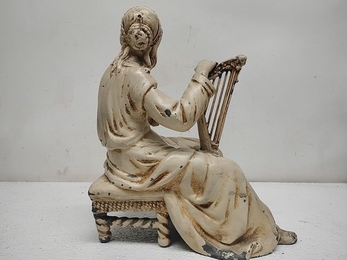 Antik Ende 1800/Anfang 1900 Harfenist Mädchen Musiker Spelter Skulptur - Bild 8 von 17