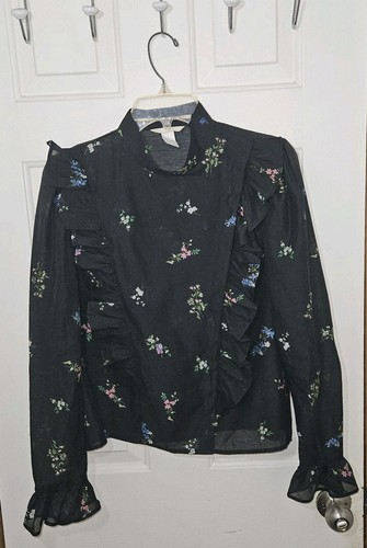 H&M Floral Black Chiffon Blouse Buttons On Inside Ruffles Gothic Victorian Sz 14 - Picture 1 of 6