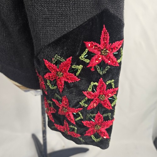 Heirloom Collectibles Christmas Cardigan Sweater Poinsettia Beaded Black M - Picture 8 of 11