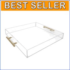 15x15 Stackable Clear Acrylic Tray with Gold Metal Handles - Multi-Purpose Decor
