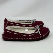 LL Bean Hearthside Slippers Womens 8 Burgundy Red Sherpa Lined Comfort Moccasins