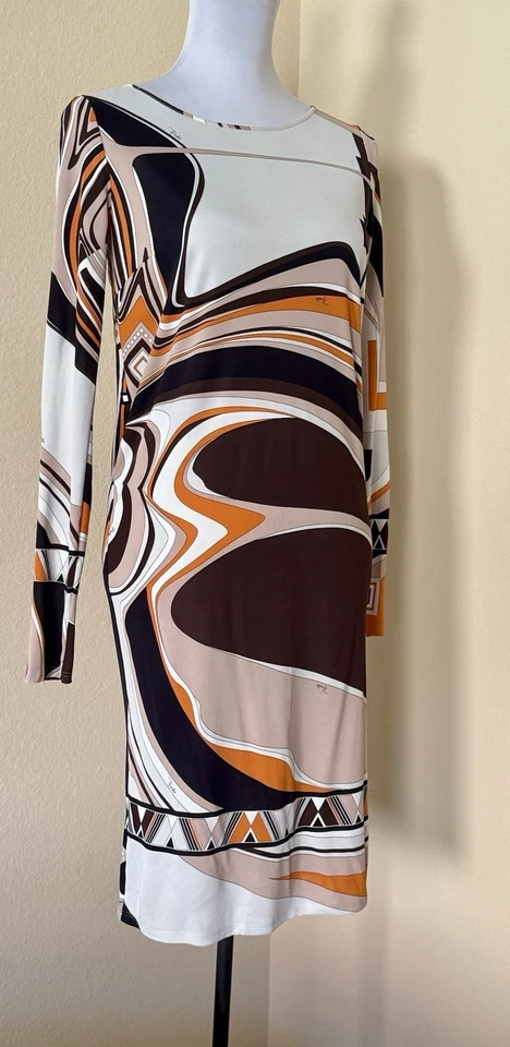 Nuevo con etiquetas Vestido Emilio Pucci Italia Multicolor Abstracto Logo Funda Manga Larga Talla 6 Foto 2 de 4