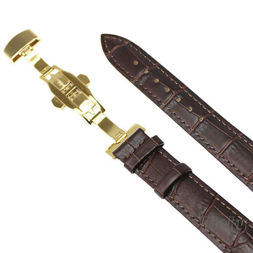 Crocodile Grain Leather Push Button Gold Deployment Clasp Watch Band Strap Brown - Picture 1 of 3