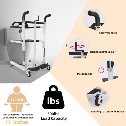 Patient Lift Transfer Chair Bathroom Wheelchair w/ 180° Split Seat and Commode - Picture 3 of 6
