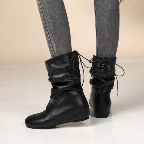 Botas de colección de cuero sintético holgadas para mujer tacones de cuña ocultos con tiras al tobillo - Imagen 1 de 18