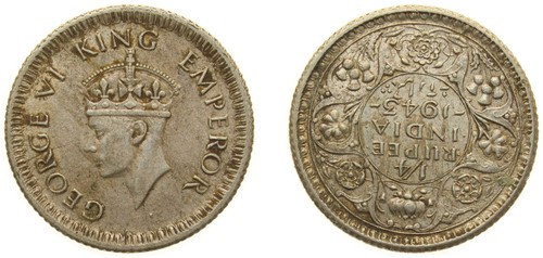India 1943 ¼ Rupee Silver (.500) XF