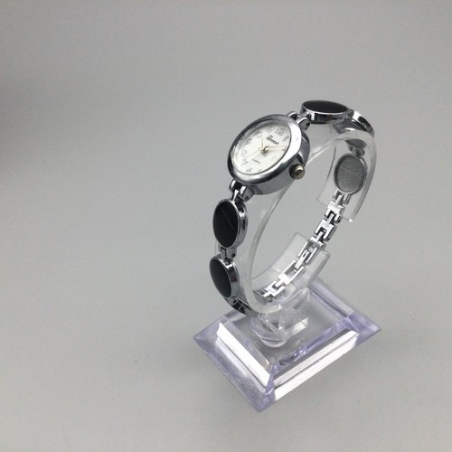 Geneva Watch Women 22mm Silver Tone Black Stone Band New Battery 6.25" - Picture 4 of 17