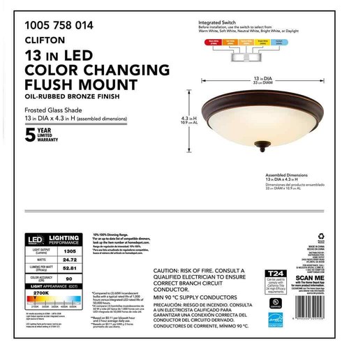 Hampton Bay Clifton 13 in. Oil Rubbed Bronze Selectable LED Flush Mount - Picture 11 of 15