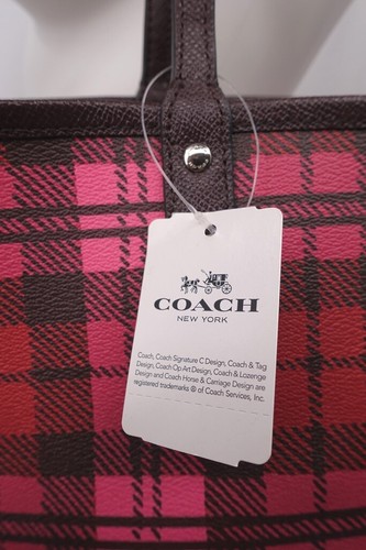 Coach F22249 NEW Reversible Coated Canvas Shadow Plaid Tote Bag Pink Red Brown - Picture 7 of 10