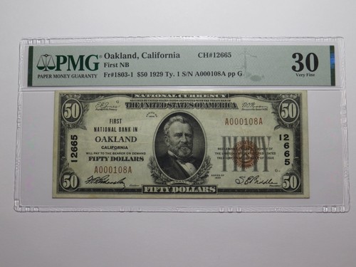 $50 1929 Oakland California National Currency Bank Note Bill Ch. #12665 VF30 PMG