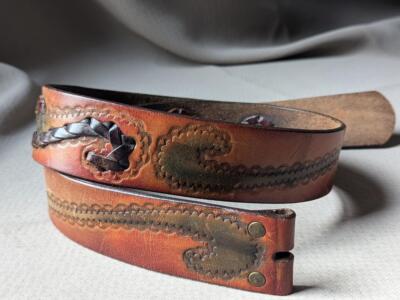 vintage HANDCRAFTED buckle belt TOOLED braided 32 cowhide  display picture 2