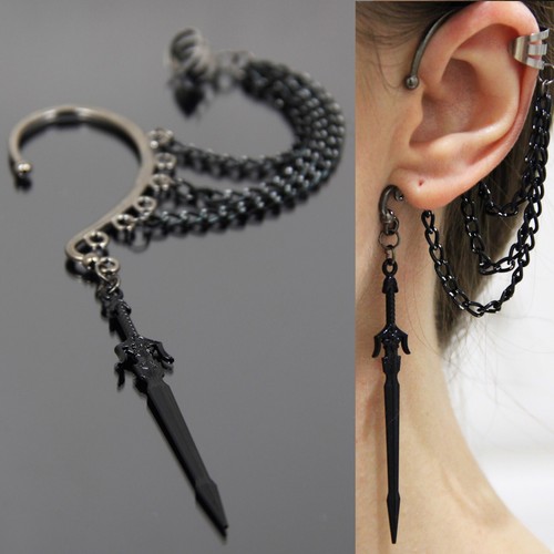 Schwarz Schwert Ohrring Goth Manschette ohne Piercing Wickel Halloween Pirat Cosplay Schmuck - Bild 1 von 20
