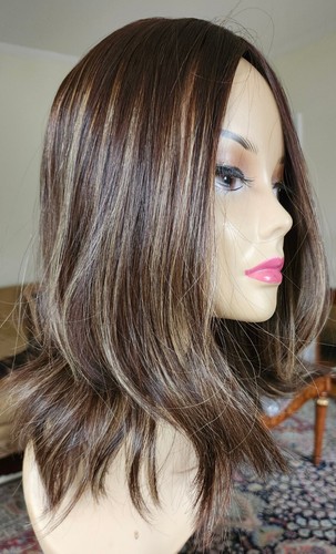 100% HUMAN RUSSIAN HAIR TOPPER BROWN HIGHLIGHTS SILKTOP 8X8 FREE PARTING 17" - Picture 3 of 13