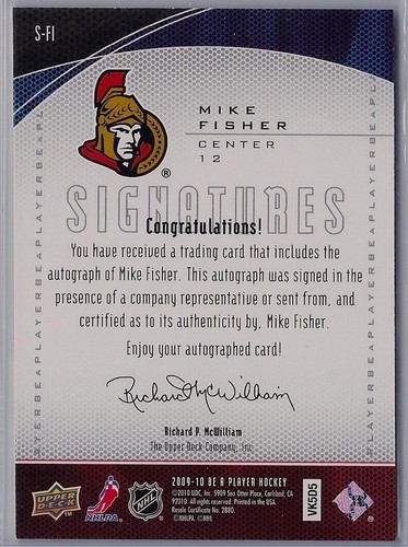 2009-10 Upper Deck Be A Player Signatures Autograph #SFI Mike Fisher AUTO - Bild 2 von 2