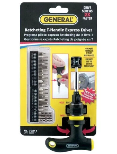 General Tools 70211 Black Multi-Bit Ratcheting Express Screwdriver T-Handle New