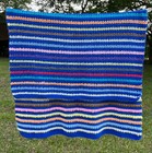 Vtg Afghan Blanket Crochet Blue Multicolor Striped Handmade Throw 49 x 66