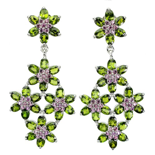 925 Sterling Silver Earrings Oval Chrome Diopside Rhodolite Gemstone Jewelry - Picture 1 of 10