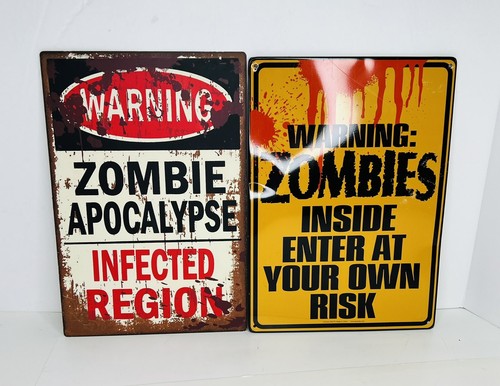 2 Zombie Metal Signs 11.5" Tall Apocalypse Infected Region & Warning Halloween