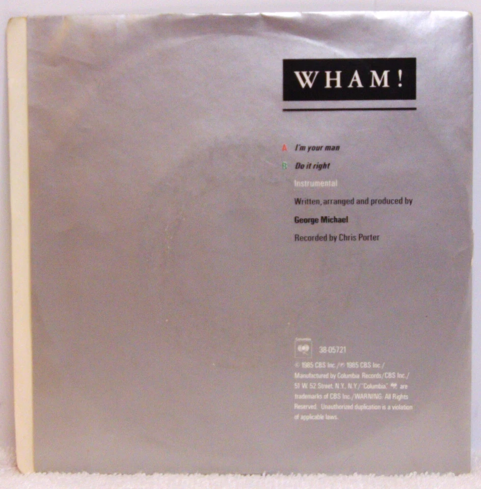 Wham! – I'm Your Man - 1985 Columbia 44-05322 7" 45 Single + Pic Sleeve NM/EX Foto 2 de 4