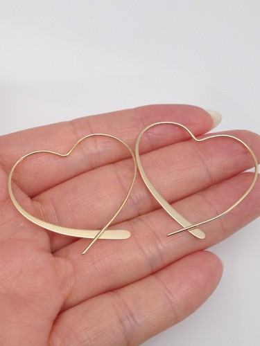 925 Sterling Silver Medium Heart Hoop Earrings Threader Earrings 34mm/1.34"x32mm - Picture 18 of 32