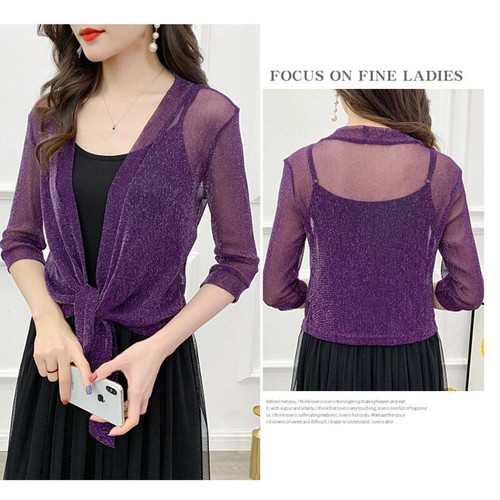 Glitter Womens Tie Up Open Front Shrug Ladies Shawl Cropped Bolero Beach Summer - Picture 14 of 26