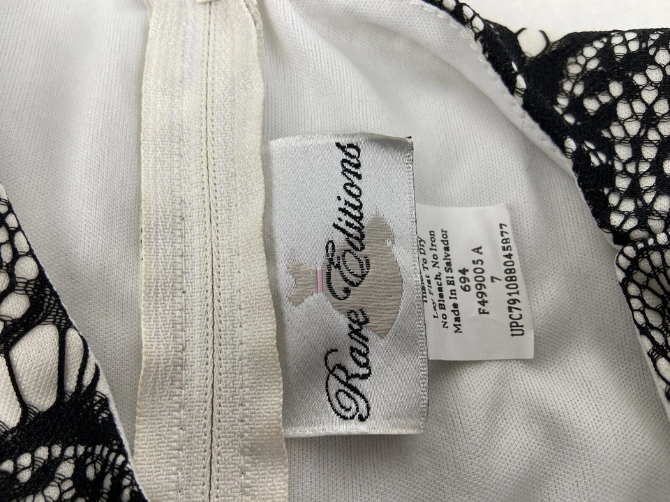 Vestido Ediciones Raras Talla 7 Negro Blanco Encaje Flores Vacaciones Manga Media Foto 3 de 4