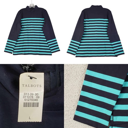 Talbots Top Stretch Knit LS Size Large L Blue Teal Striped Mock Neck Cotton New