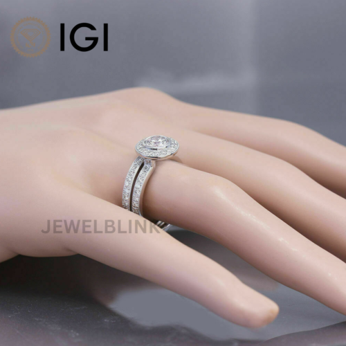 1Carat D VS1 Round Halo Lab Grown Diamond Engagement & Wedding Ring Set 14K Gold - Picture 3 of 20