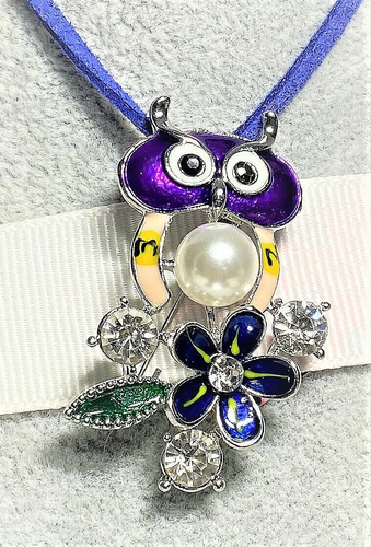 BETSEY JOHNSON BROOCH SILVER OWL PEARL CRYSTALS FLOWER LEAF FREE LEATHER CHOKE - Picture 3 of 7