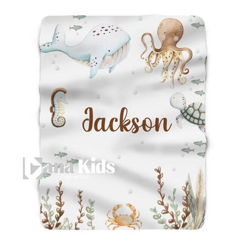 Personalisierte Babydecke unter dem Meer, Babydecke Junge, Ozean Kinderzimmer Junge Bla - Bild 1 von 2