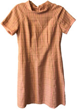 Womens Shift Dress Multicolor Pink Plaid Mock Neck Short Sleeve Zipper Vintage M