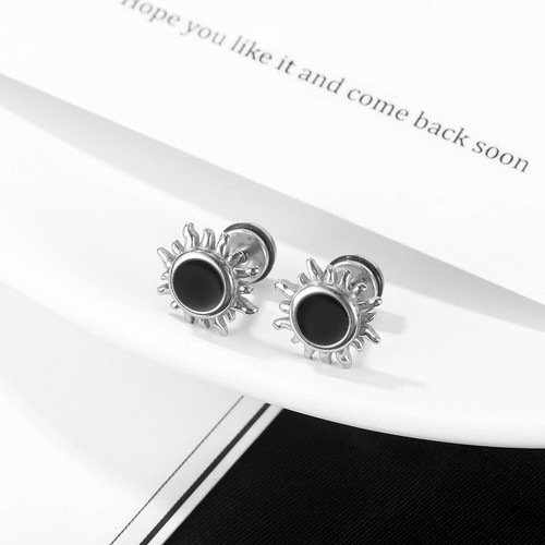 Man Woman Real Stainless Steel Enamel Sun Earring Stud Screw Back 2 PCS - Picture 2 of 5