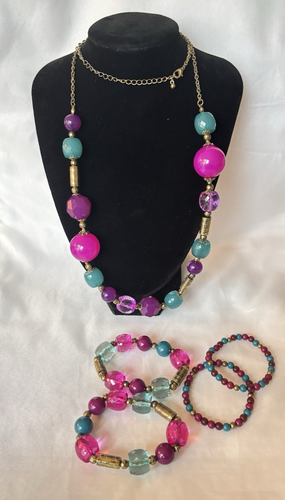 Vintage Matching Costume Necklace & 4pc Colorful Bracelets Set Beaded Stretch - Picture 2 of 7