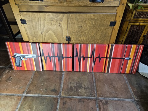 Original Art Painting Signed Handgun Heartbeat 4 Panel 12x12 - Picture 5 of 12