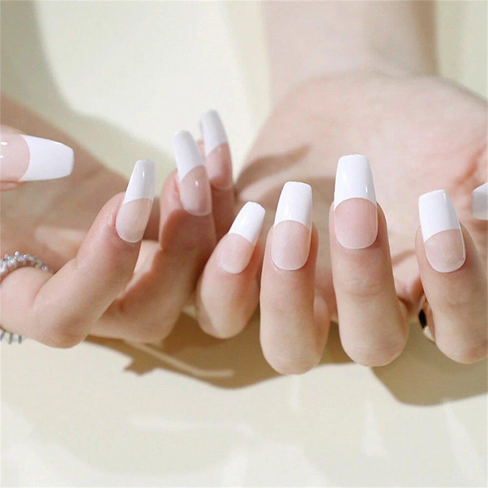 French White False Nail Short Coffin Press on Nails for Finger