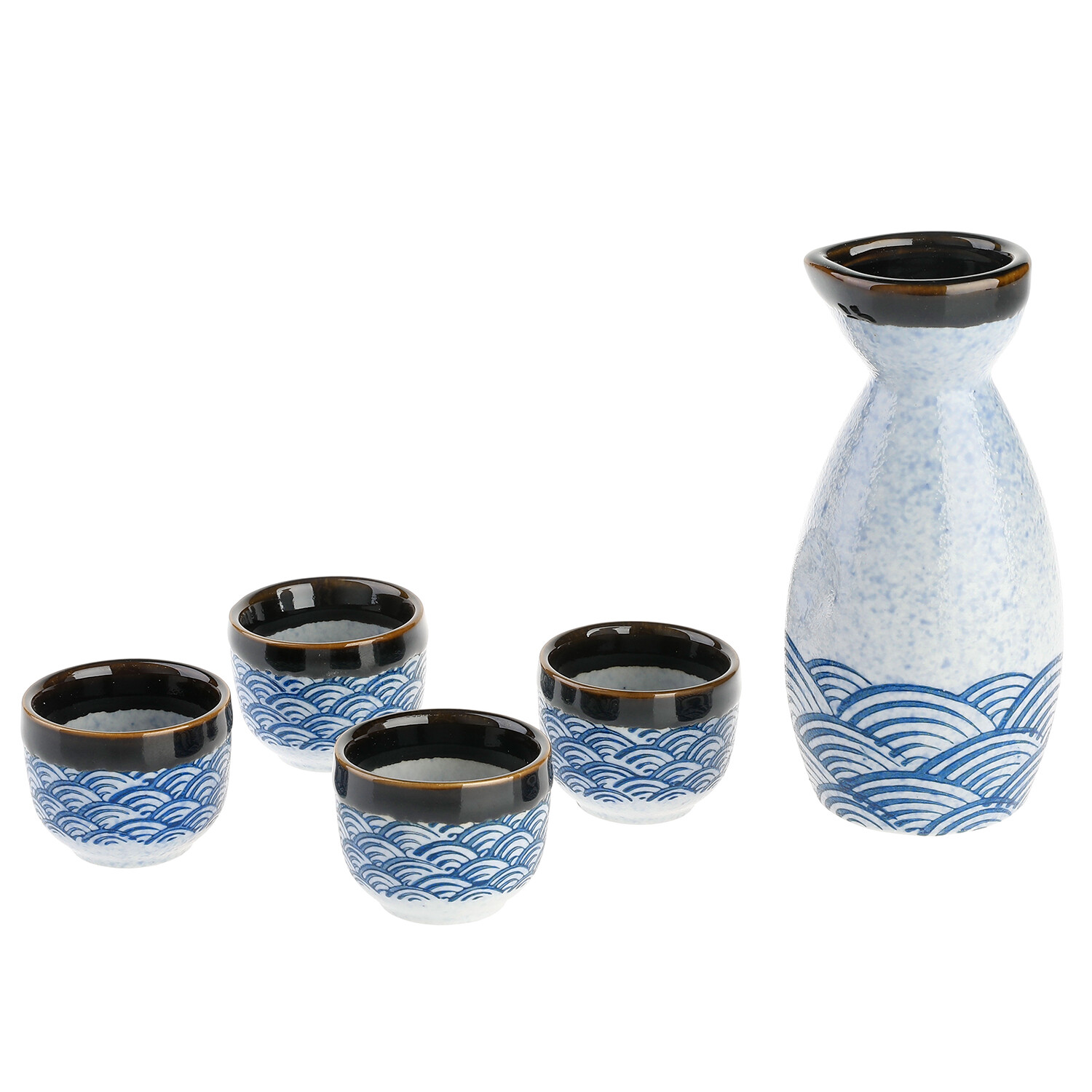 Japanese Blue Ocean Waves Design Glazed Ceramic Sake Set w/ Serving