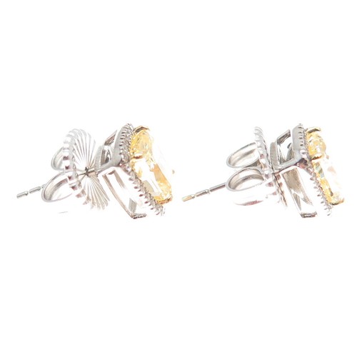 925 Sterling Silver Radiant-Cut Canary & Round-Cut White C Z Earrings - Picture 5 of 7