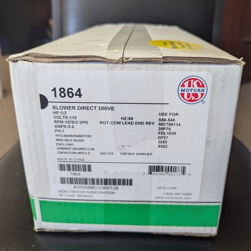 NEW US Motors 1864 Direct Drive Blower Motor 1/3HP 115V 1075RPM 3SPD 1PH 60HZ