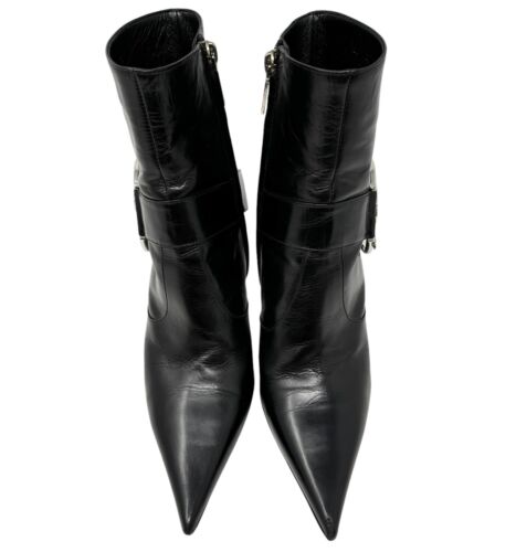Dior Vintage Logo Halbhohe Stiefel #37,5 High Heel Gürtel Schwarz Silber Leder - Bild 4 von 12