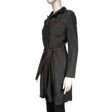 HOLT RENFREW Vtg Y2K Long Denim Gray Jeans Jacket button-down Tie Waist sz 2