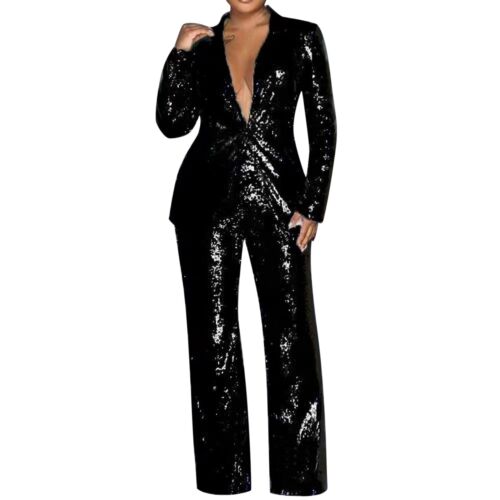2Piece Suit Sets Women Outfits Pants Set Sequin Notch Lapel Jacket Formal Suits - Picture 16 of 21