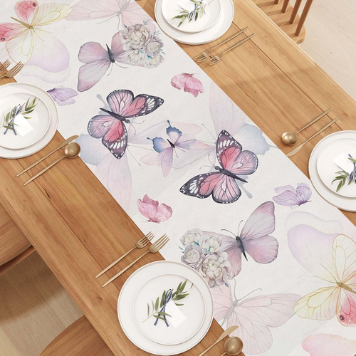 Linen Watercolor Flowers Butterfly Spring Table Runner 72 Inches Long Spring Sum - Picture 4 of 6