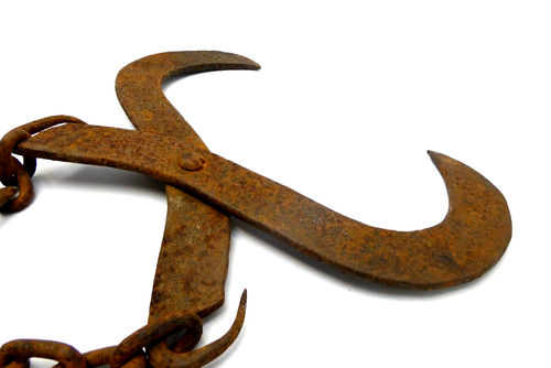 Antique Old Blacksmith Made Cast Iron Scissor Hooks Grasping Tool with Chain - Picture 9 of 10