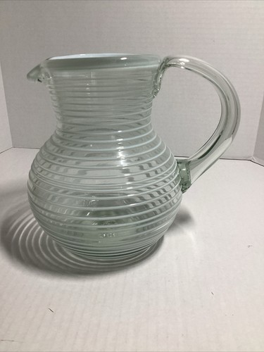 Hand Blown Glass Pitcher, Swirls, 8.5 In Tall, Clear/white, Large, Handle - Picture 3 of 4