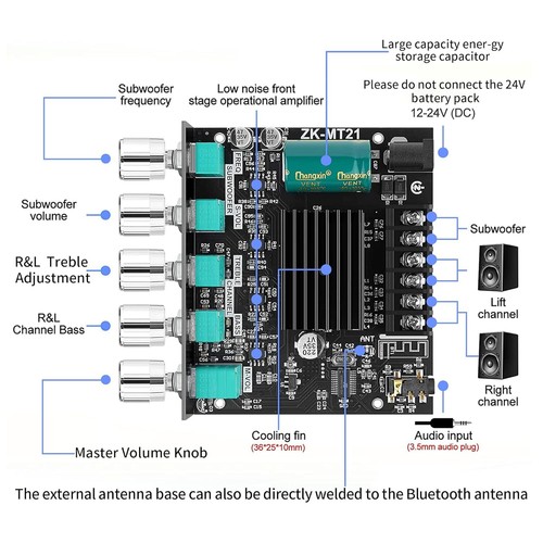 Bluetooth Power Amplifier Board with Subwoofer 2.1 Channel 50W×2+100W, 12V-24V - Picture 2 of 7