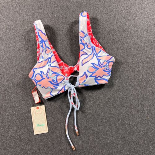 Maaji Reversible Bikini Top Hot Pink Coral Pale Blue Royal Floral Tie Size Small